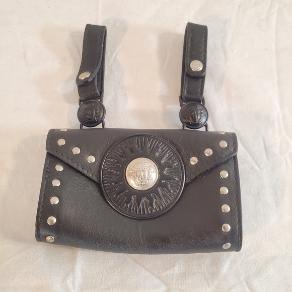 Vintage Gianni Versace Mini Belt Bag Black Stud Italy Medusa Sunburst Leather - Picture 2 of 11